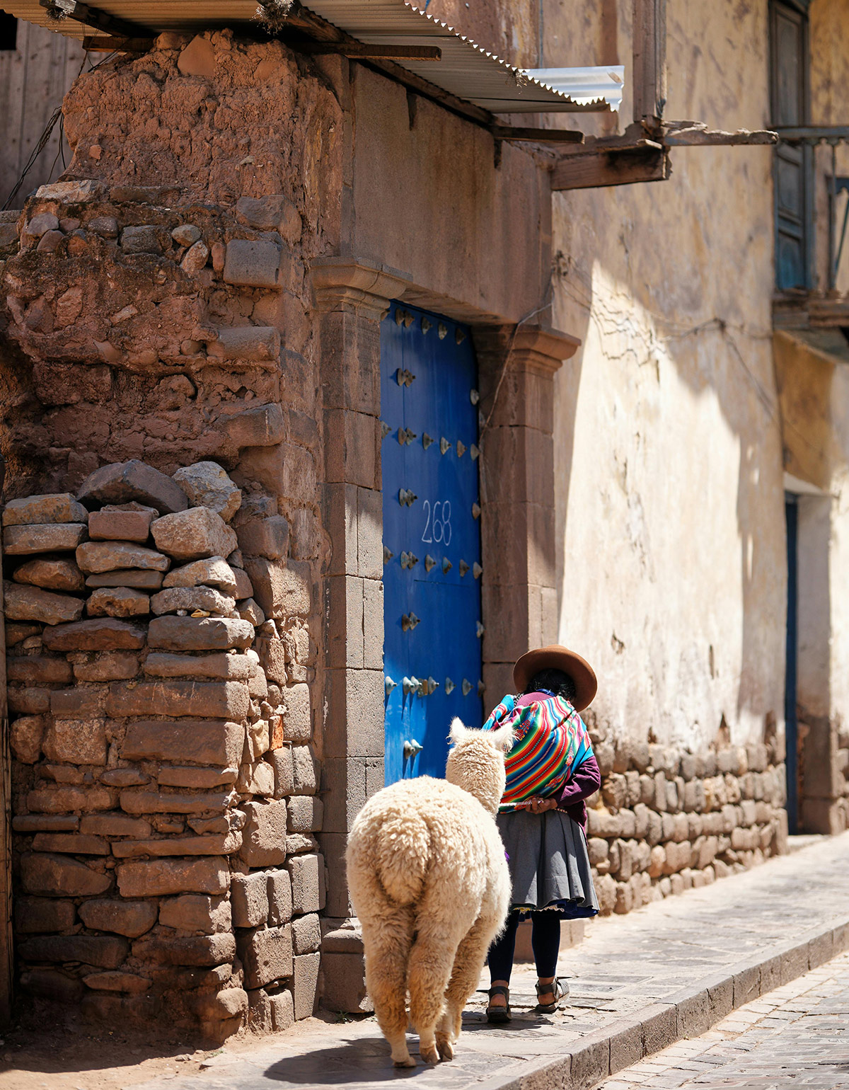 Local man and llama on a city sidewalk in Peru, symbolizing authentic travel experiences and innovative travel marketing success.